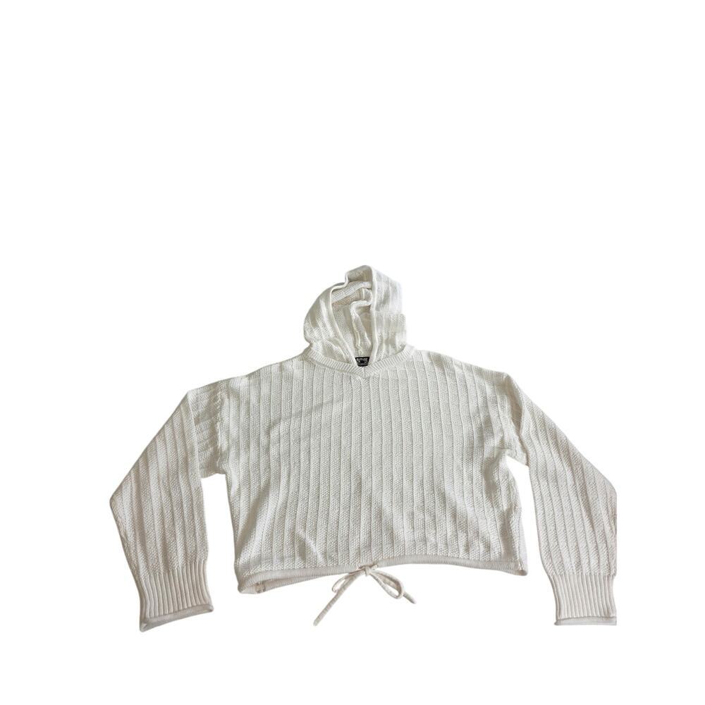 Future Collective White Hooded Cable Knit Crop Tie Waist Sweater Large